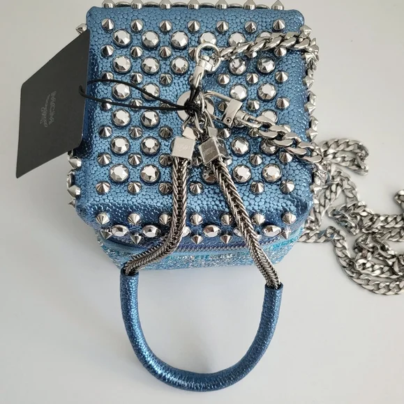 MCM Blue Studded Cube Leather Pouch - Picture 3 of 8